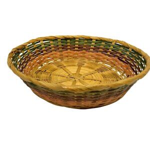 Round Wicker Easter Basket Rainbow Bands Green Purple Pink 8 inch